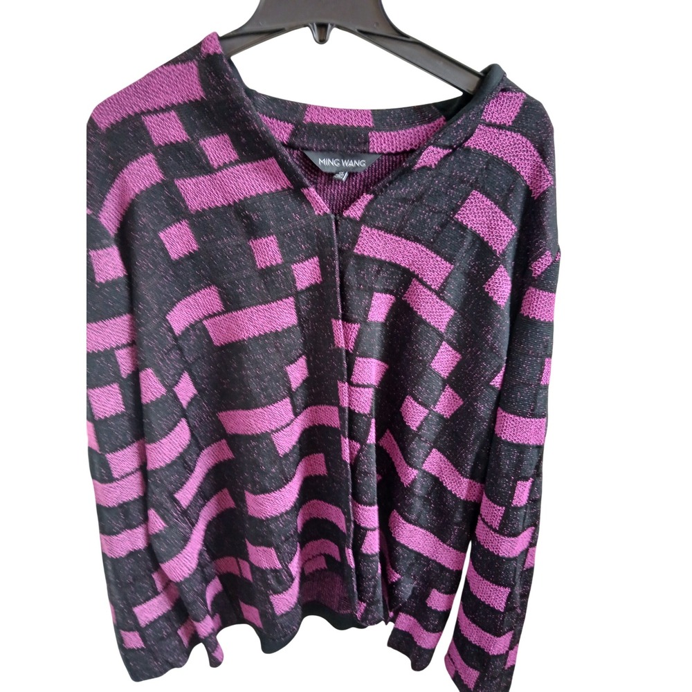 Ming Wang Black and Purple Geometric Open-Front Knit Jacket